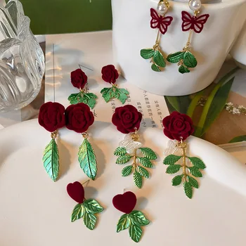 Дамски обеци, Червени кадифени рози, Цветни обеци, Пресни Зелени листа, обеци-на карамфил, обеци ръчно изработени за момичета, Корейската мода