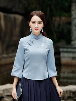 Тениска в китайски стил с цветен модел и 3/4 ръкав за женски дрехи за лятото и пролетта