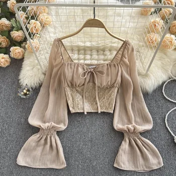 луксозен основна блуза с дълги ръкави, Ретро Корейски модерен Плиссированный съкратен топ, Сексуална риза, мода Пролет-есен дамски дрехи