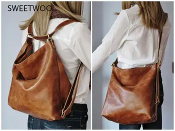 Реколта дамска чанта от кожа с масло и восък, дизайнерски и луксозен раница голям капацитет, модна марка