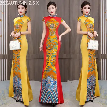 Китайското Дълга Вечерна рокля високо качество на Реколтата, Традиционни Етап костюми Hanfu Тънката Рокля Ципао Елегантен Женски Халат Чонсам