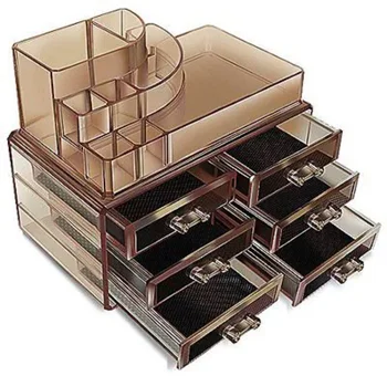 Акрилни органайзер за козметика кафяв цвят, многофункционална кутия за грим тъмен цвят с чекмеджета