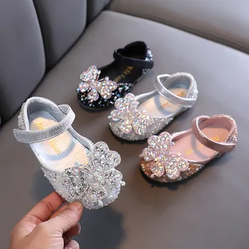 Обувки на принцеса за момиченца, училищни обувки за момичета, лък, блестящ кристал за сватбени партита, детски тънки обувки, детски обувки за момичета