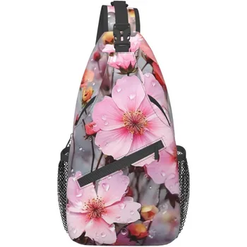 Красива розова чанта с флорални принтом на гърдите, раница през рамо, чанта за рамо, походный раница, велосипедна чанта