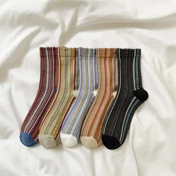 Чорапи вертикални райета в ретро стил Mori, Модни памучни чорапи в тънка ивица, Пролет-лято, дишащи ежедневни студентски чорапи.