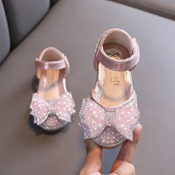 Летни сандали принцеса на равна подметка за момичета, модерни детски обувки с пайети и лък от планински кристал, детски обувки за партита, сватбени сандали E618