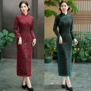 Подобряване на китайски традиционни рокли, Ретро Чонсам, в Есенно-Зимната мода, Ципао, Дамски Рокли голяма дължина, по-Големи размери 4XL