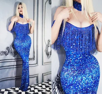 Синя Дълга рокля с пискюли, Секси вечерна рокля за рождени Дни, Празничен костюм с ресни