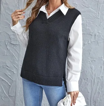 Пролетно-есенен вязаный жилетка с неправилна форма, модерен всекидневни женски пуловер с V-образно деколте