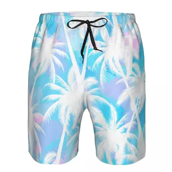 Мъжки плажни къси бързо съхнещи топене с тропически палмови листа, сини и бели бански костюми с розов принтом, бански костюми, шорти за къпане
