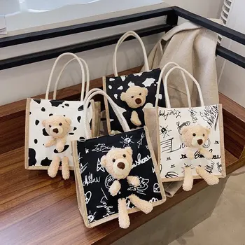 Дамски открийте проста модерна чанта със сладък мечок, мультяшная холщовая чанта, преносим тъканта, чанта, ръчни чанти за жени