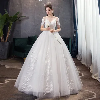 Модно сватбена рокля с кръгло деколте, големи размери, сватбени рокли с шнур и бродерия, бални рокли за булката, сватбена рокля
