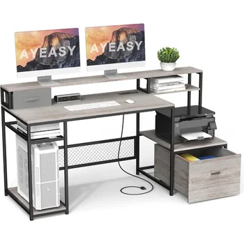 Компютърна маса, домашен офис бюро с поставка за дисплея на електрическа жак и USB порт за зареждане, компютърна маса с чекмеджета и стеллажом за съхранение