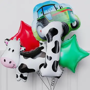 5 БР. Украса за парти в чест на 1-ви Рожден Ден на Крава, Трактор, балон от майларовой фолио, Крава, Категория селскостопански животни, Рожден Ден, Детски Душ, принадлежности за партита