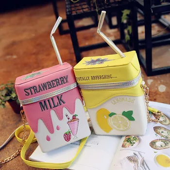 Чанта през рамо във формата на Кутия за мляко с ягоди /Лимон, напечатанная под формата на бутилки за напитки, чанта със сламени женски торби за мобилни телефони