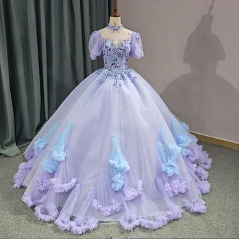 Лилаво-лавандулови буйни рокли принцеса с луксозни кристални накъдрен, Дантелено рокля за бала Sweet 15, рокля дебютантки дантела