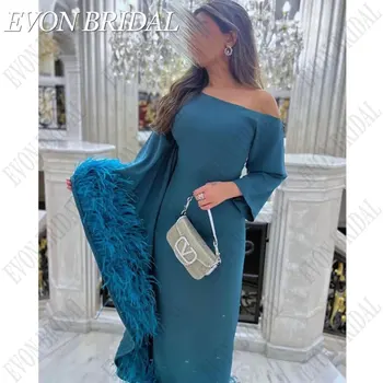EVON Сватбени рокли за бала с пера русалка на едно рамо, с дълъг ръкав, синьо атласное вечерна рокля по поръчка, сшитое на поръчка в 2024 година.