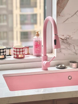 Светло розов кварцов камък Голяма мивка с една перекладиной, мивка на средния остров, кухненски стойка, цвят и мивка, мивка за измиване на лицето си.