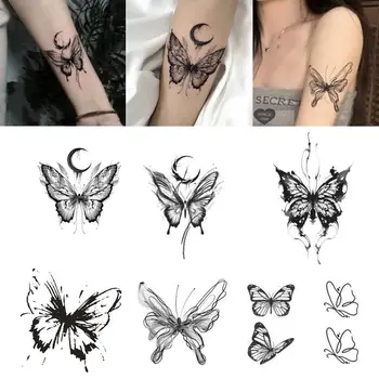 Водоустойчив временни татуировки-етикети Черна пеперуда на шията, флаш-арт-татуировки, Преводна татуировка на гърдите, изкуствено тяло, Секси женска ръка U5O2