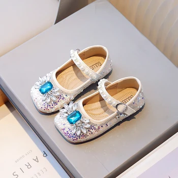 Обувки на принцеса за момиченца с перли и кристали, сватбени обувки с квадратни пръсти, дизайнерски танцови обувки на плоска подметка от 6 до 12 години, есен-пролет