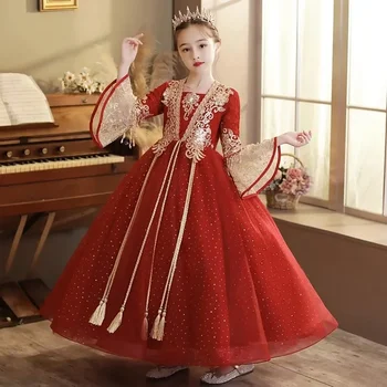Ново есенно-зимния рокля Тан в китайски стил Hanfu с дълги ръкави за момичета 2024 г., детско парти за момичета, коледна рокля за момичета