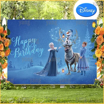 Замразени принцеса Дисни Елза Ан, скъпа Свен Олаф, рожден Ден на Ледената гора, синьо блестящ фон за снимки.