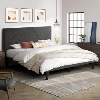 Рамка на легло, сверхпрочная легло-платформа, пружинен блок не се изисква, тъмно-сив, много голям мек рамка на легло с геометричен таблата