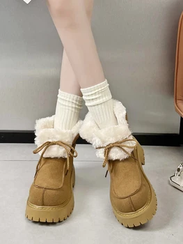 Обувки с кръгло бомбе, ботуши Лолита, Луксозна дизайнерска зимни обувки дантела, зимни гумени и кожени ботильоны, модни дамски обувки среден размер