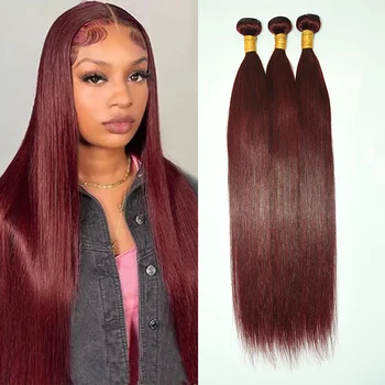 26-28-цолови бордо снопове от човешки коси цвят 99j; Директни дълги гъсти Бразилски необработени греди на косата, Натрупване на човешка коса за жени