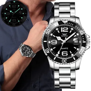 Мъжки черен кварцов часовник със спортен календар на луксозна марка, стилна сребриста каишка от неръждаема стомана, бизнес мъжки часовници, ръчни часовници