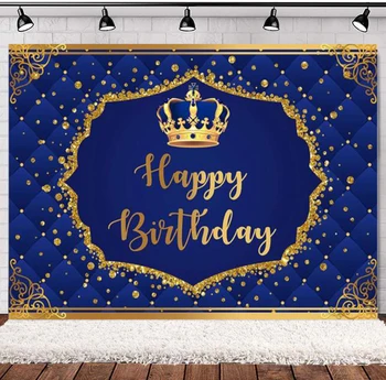 Фон за снимки кралско синьо със златни блестящи точки на Фон за фотобудки честит Рожден Ден на Синьо Украса тематични партита за принц
