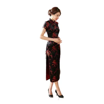 Черно червено Атласное рокля Ципао Summer Lady В Традиционен китайски стил, Рокли Чонсам, Женствена рокля Ципао с къс ръкав, Размер S-XXL