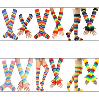 Цветни преливащи се цветове чорапи над коляното, танцови чорапи на райета, топло за ръце