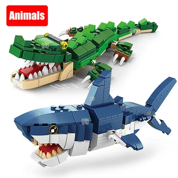 Moc Ocean Морска риба 3в1 Животни Акула Тигър Бухал Крокодил колекция от модели на Строителни блокове Сам Детска играчка за сглобяване на подарък за дете