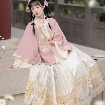Оригинално Женствена рокля Hanfu 2023, яке с квадратна яка в китайски стил, Зайци дизайн, Пролетно-лятно плиссированное Рокля с лошадиным лицето на династията Мин