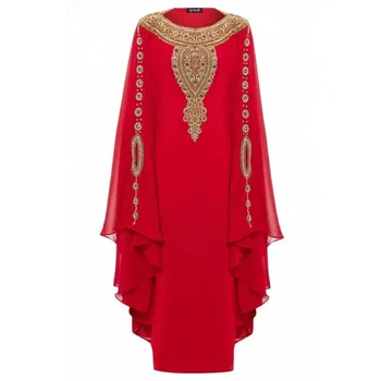 Марокански халат за баня-кафтан, Червен кафтан от жоржета, през цялата силует, дълъг ръкав, Луксозно бижу от перли и цирконий
