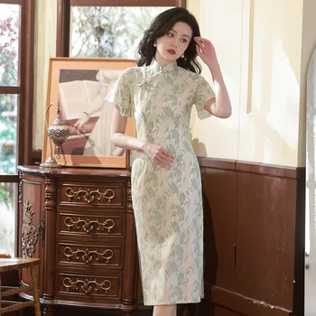 Завързана Елегантен Китайски стил Рокли, ново дамско Ципао, Традиционната вечерна рокля с шал яка подпора, Лятно банкет рокля, съоръжения