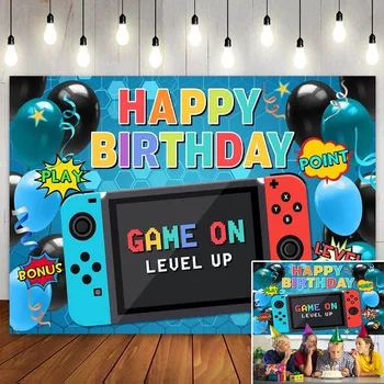 Тема видео игри, декорации за парти по случай рожден ден, тенис на банер, игра за повишаване на нивото на геймър, за деца, фон за снимки на момчета и момичета
