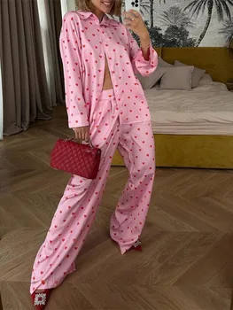 Жена пижамный комплект Lounge Сърце с дълъг ръкав, риза копчета и широки штанами свободно, намаляване, комплекти от 2 теми, мека пижама