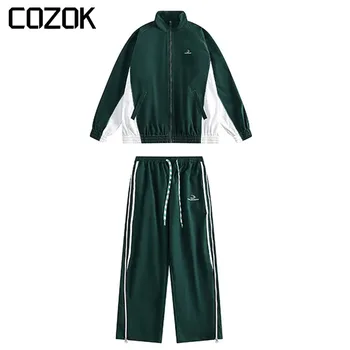 Японската спортна яке Мъжки Женски с налита на бой бродерия, Ежедневното Ветрозащитное палто + Преки Свободни панталони, 2 броя, Зелен костюм за двойки