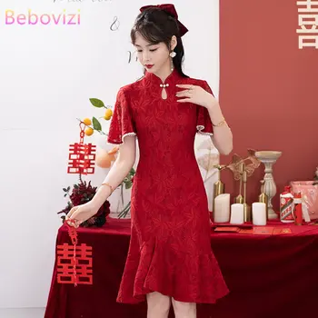 Китайската традиционна дамски дрехи за младоженци, Сватбен Чонсам Съвременно подобряване червена рокля Ципао CNY