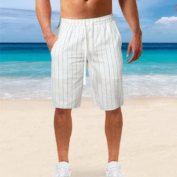 Памучни ленени шорти, мъжки летни основни Корейски тънки спортни панталони на райета, плажни шорти за бягане Harajuku, плажни дрехи, дантела прозорци