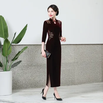 Китайското рокля Рокля Lady Velvet Ципао-Дълга Елегантна Класическа яка-часова Плюс Размера на Гурме бродирани източна дрехи