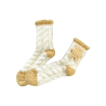 Дамски топли чорапи-чехли с пухкава модел 3D Мечки, изолирана чорапи от коралов руно