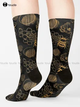 Черни и златни чорапи с пчели, чорапи Kawaii, Персонални чорапи за възрастни, юноши и младежи, Унисекс, дигитален печат 360 °, HD, висококачествен подарък