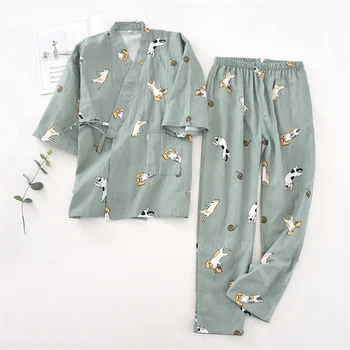 Комплект дрехи за японски влюбени от 2 теми, Кимоно с принтом котка Kawai, Юката, Дрехи за отпаривания, Пижами, Мъжки Женски халат, нощница, Япония