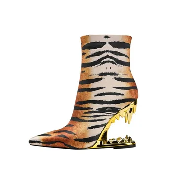 Леопард Зебра Зъб Тигър Къси ботуши Дамски ботильоны на висок ток 10,5 см, с выдолбленным зъбите на Тигър Нови дамски обувки 43