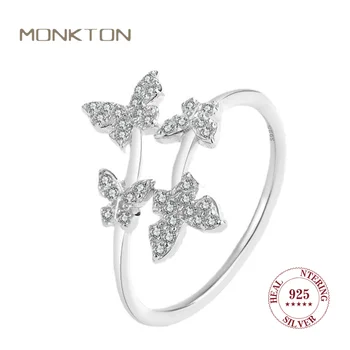 Пръстени от сребро Monkton 925 проба, Оригинално удостоверение за открита пръстен с инкрустиран във формата на пеперуди от цирконий, Простота, Елегантност за жени, луксозни бижута за момичета