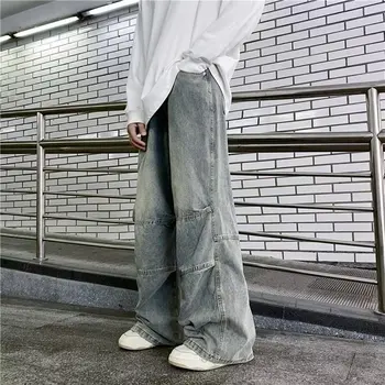 Оръфан широки дънкови панталони в стил хип-хоп, мъжки лоскутные дънкови панталони за почистване, мъжки реколта свободна ежедневни Японска градинска облекло