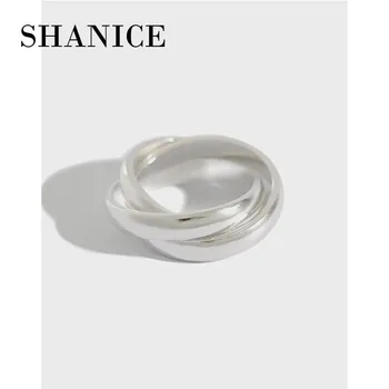 Бижута от сребро 925 проба SHANICE, модерен шик открити пръстени за жени, Матиран Матиран Dloss, Троен кръг, халка на пръста си Ins